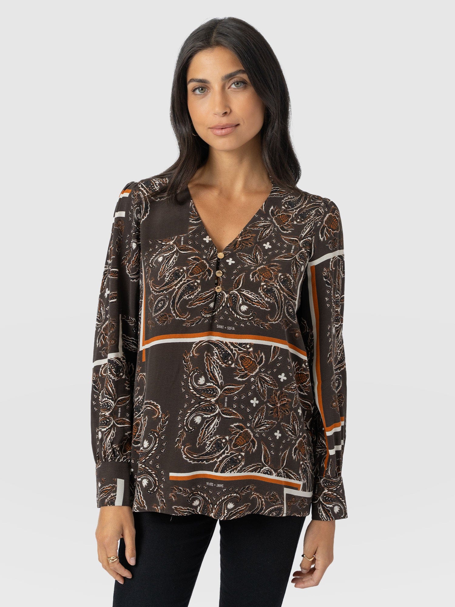 Joselyn V Neck Blouse - Brown Paisley - Women's Blouses | Saint + Sofia? EU